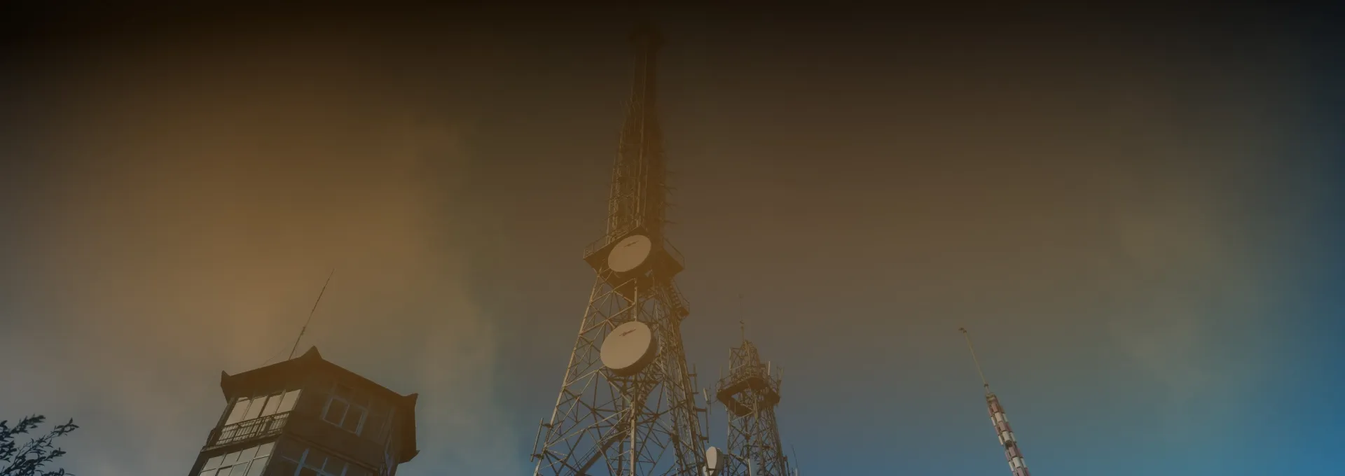 Blue banner with up close view of broadcast antenna